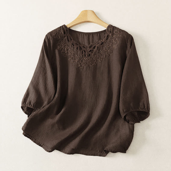 Buddha Stones T-shirt da donna a maniche a tre quarti, stile vintage, casual, con scollo rotondo e ricami, tinta unita, ideale per primavera/estate. - Marrone sella - US12, UK/AU16, EU44 (2XL) - image 0