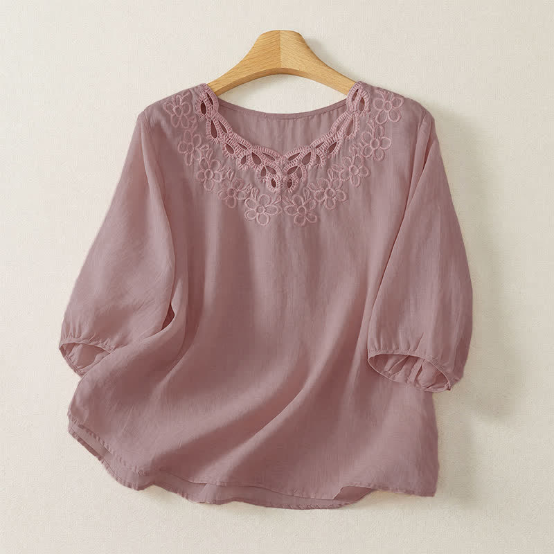 Buddha Stones T-shirt da donna a maniche a tre quarti, stile vintage, casual, con scollo rotondo e ricami, tinta unita, ideale per primavera/estate. - Rosa - US12, UK/AU16, EU44 (2XL) - image 10