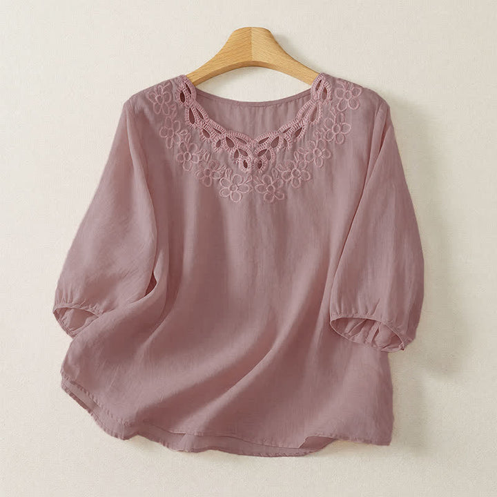 Buddha Stones T-shirt da donna a maniche a tre quarti, stile vintage, casual, con scollo rotondo e ricami, tinta unita, ideale per primavera/estate. - Rosa - US12, UK/AU16, EU44 (2XL) - image 10
