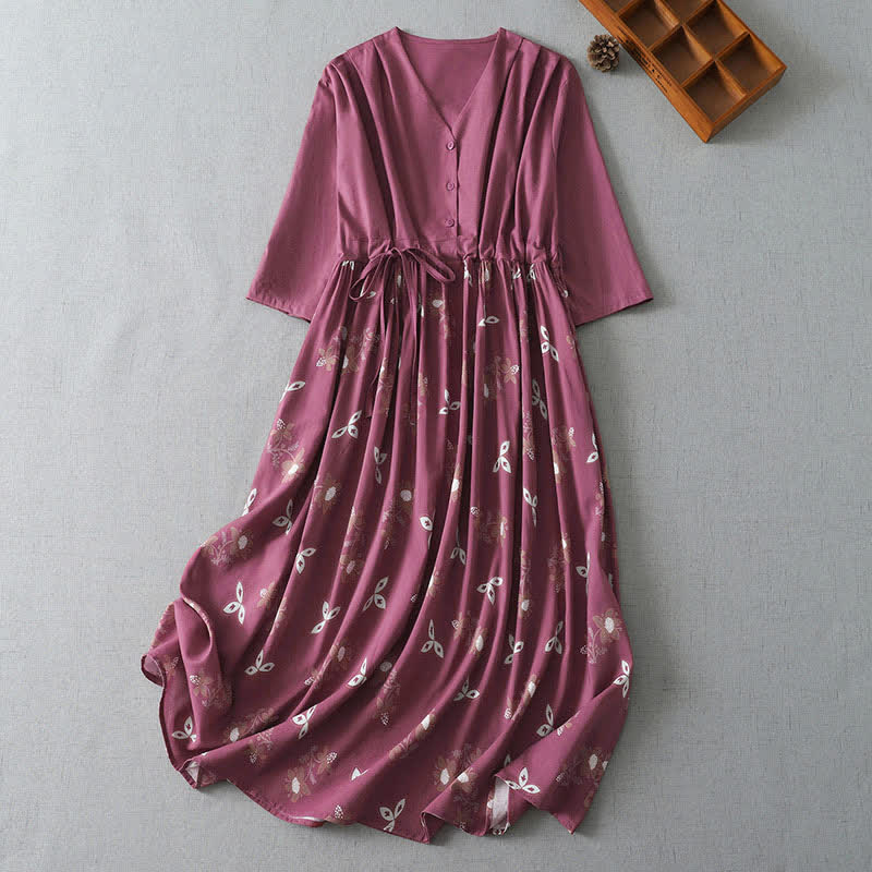 Buddha Stones Abito da donna primaverile/estivo casual vintage con bottoni, coulisse, fantasia floreale, maniche corte e tasca. - Rosso viola pallido - US12, UK/AU16, EU44 (2XL) - image 0