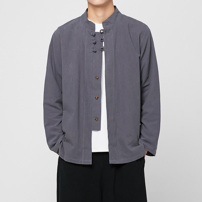 Buddha Stones Camicie da uomo a maniche lunghe, stile Tang, minimaliste, con colletto alla coreana e bottoni a rana, tinta unita, per primavera/autunno. - Grigio ardesia - US/UK/AU46, EU56 (5XL) - image 0