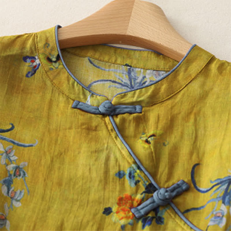 Buddha Stones Camicia da donna a maniche lunghe con bottoni a rana in stile vintage Tang, motivo floreale e orchidee, ideale per la primavera. - image 2