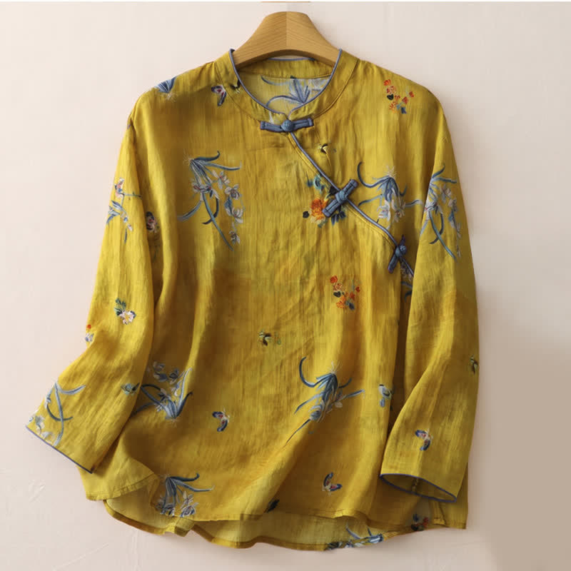 Buddha Stones Camicia da donna a maniche lunghe con bottoni a rana in stile vintage Tang, motivo floreale e orchidee, ideale per la primavera. - Verga d'oro - US12, UK/AU16, EU44 (2XL) - image 0