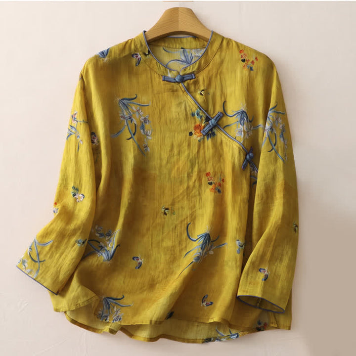 Buddha Stones Camicia da donna a maniche lunghe con bottoni a rana in stile vintage Tang, motivo floreale e orchidee, ideale per la primavera. - Verga d'oro - US12, UK/AU16, EU44 (2XL) - image 0