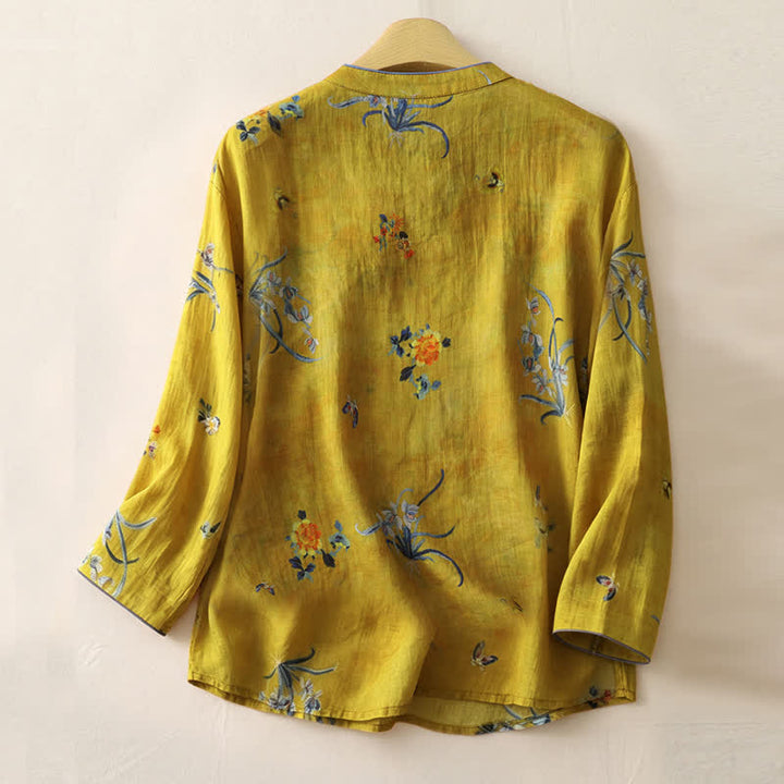 Buddha Stones Camicia da donna a maniche lunghe con bottoni a rana in stile vintage Tang, motivo floreale e orchidee, ideale per la primavera. - image 1