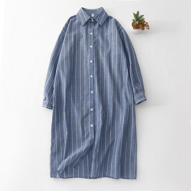Buddha Stones Abito da donna primaverile casual minimalista a righe con bottoni e maniche lunghe. - Grigio ardesia - US12, UK/AU16, EU44 (2XL) - image 9