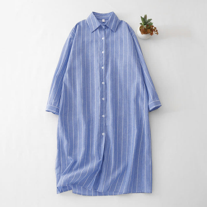Buddha Stones Abito da donna primaverile casual minimalista a righe con bottoni e maniche lunghe. - Blu acciaio chiaro - US12, UK/AU16, EU44 (2XL) - image 0