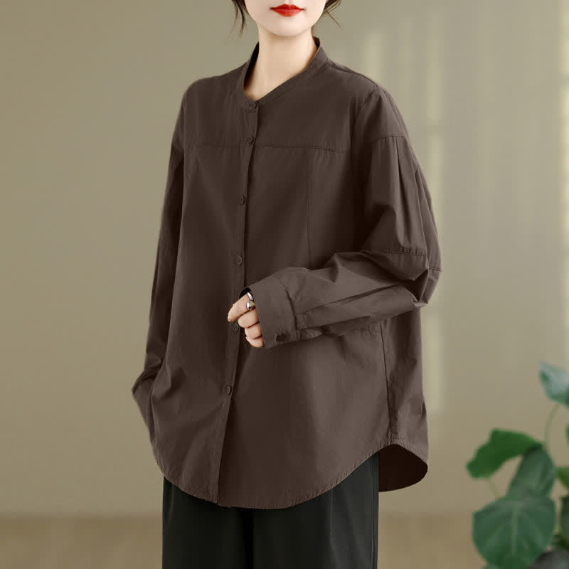 Buddha Stones Camicie da donna a maniche lunghe, stile Tang minimalista, con colletto alla coreana, tinta unita, per primavera/autunno. - Marrone sella - US8-10, UK/AU12-14, EU40-42 (2XL) - image 0