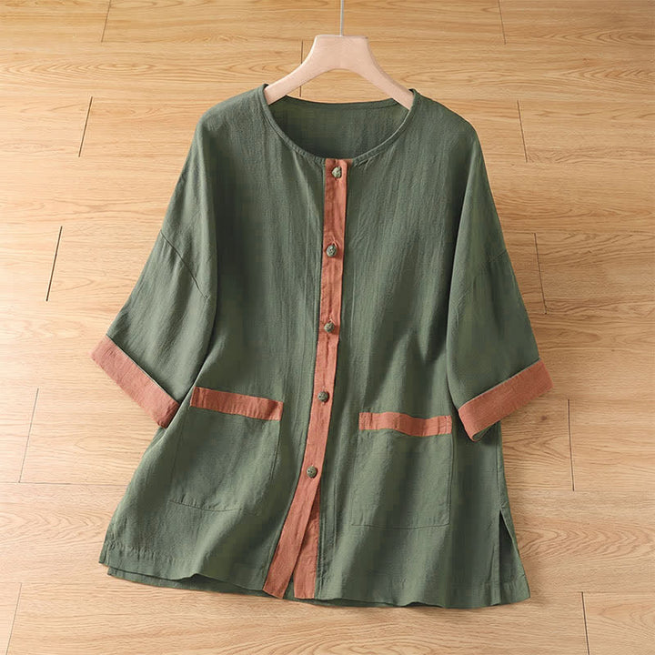 Buddha Stones Camicia da donna estiva casual a maniche corte con bottoni e taschino applicato, tinta unita. - Verde oliva scuro - US8-10, UK/AU12-14, EU40-42 (2XL) - image 17