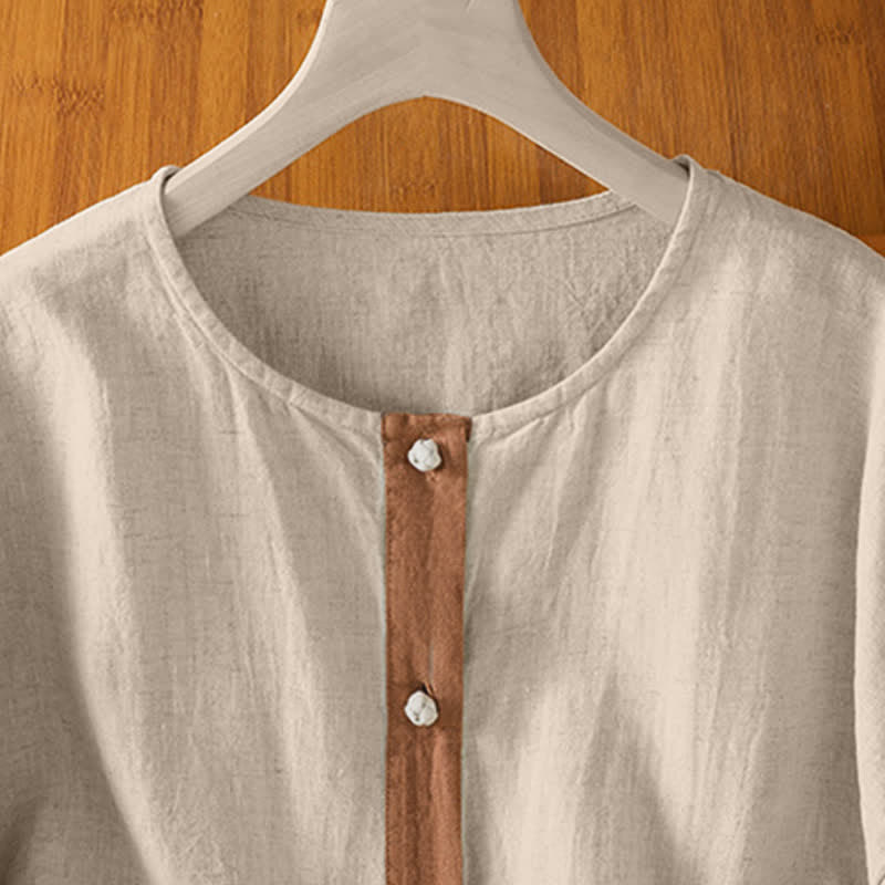 Buddha Stones Camicia da donna estiva casual a maniche corte con bottoni e taschino applicato, tinta unita. - image 2