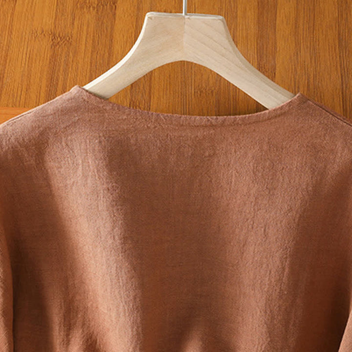 Buddha Stones Camicia da donna estiva casual a maniche corte con bottoni e taschino applicato, tinta unita. - image 12