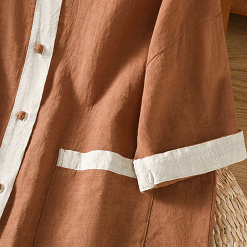 Buddha Stones Camicia da donna estiva casual a maniche corte con bottoni e taschino applicato, tinta unita. - image 14