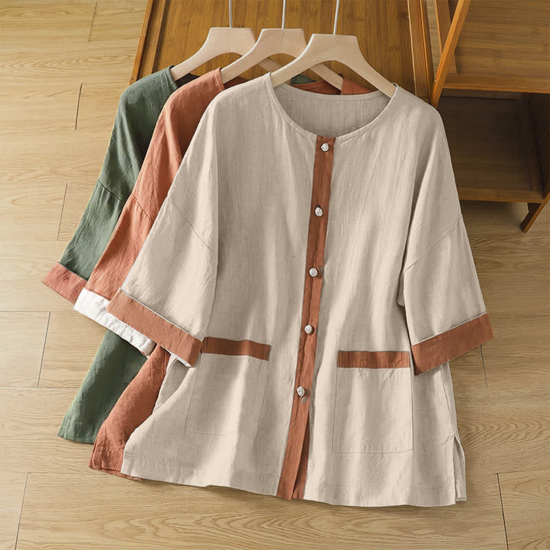 Buddha Stones Camicia da donna estiva casual a maniche corte con bottoni e taschino applicato, tinta unita. - image 24