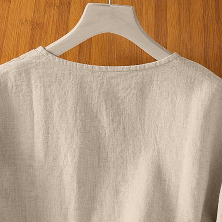 Buddha Stones Camicia da donna estiva casual a maniche corte con bottoni e taschino applicato, tinta unita. - image 3