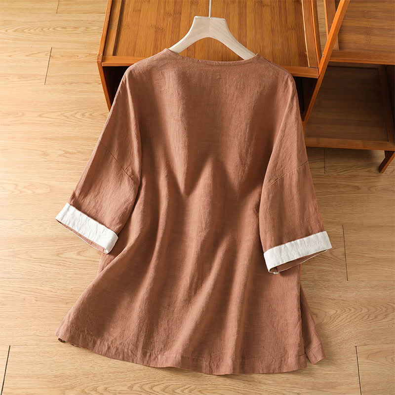 Buddha Stones Camicia da donna estiva casual a maniche corte con bottoni e taschino applicato, tinta unita. - image 10
