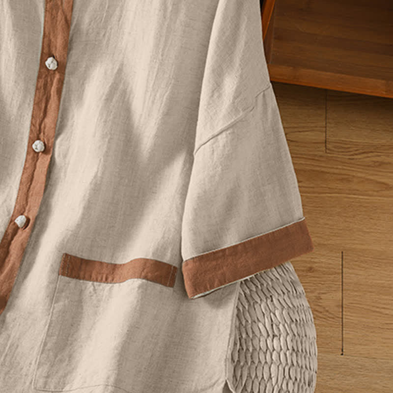 Buddha Stones Camicia da donna estiva casual a maniche corte con bottoni e taschino applicato, tinta unita. - image 5