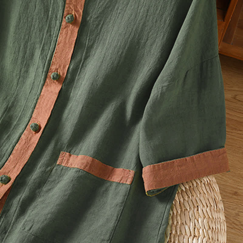 Buddha Stones Camicia da donna estiva casual a maniche corte con bottoni e taschino applicato, tinta unita. - image 22
