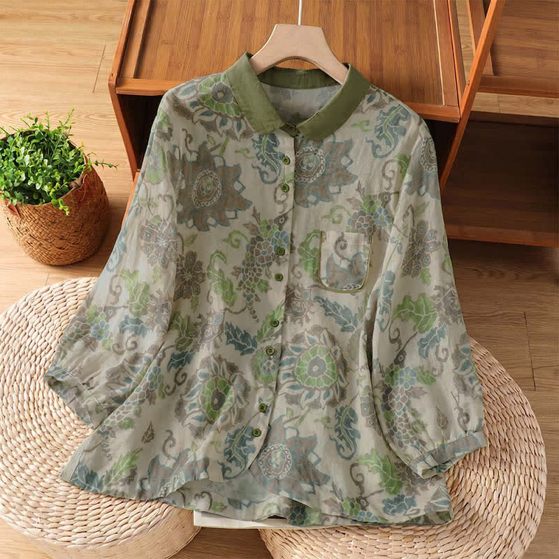 Buddha Stones Camicia da donna a maniche lunghe, stile vintage, con bottoni e stampa floreale, ideale per primavera/estate, casual e con taschino. - Verde Mare Scuro - US8-10, UK/AU12-14, EU40-42 (2XL) - image 0
