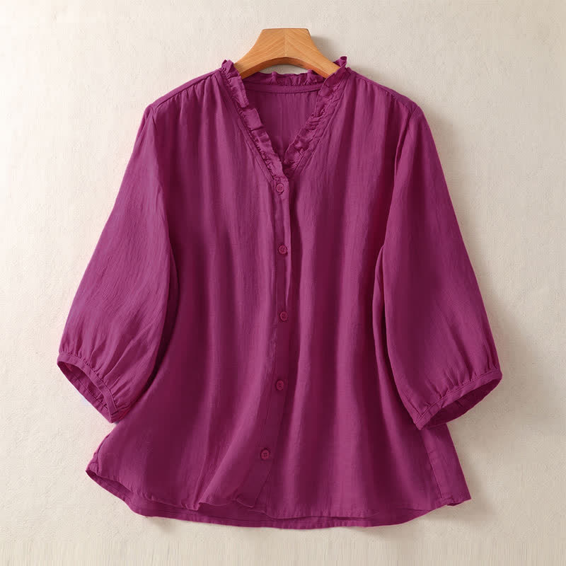 Buddha Stones Camicie da donna a maniche corte, tinta unita, casual, con bottoni, per primavera/estate. - Rosso viola medio - US8-10, UK/AU12-14, EU40-42 (2XL) - image 6
