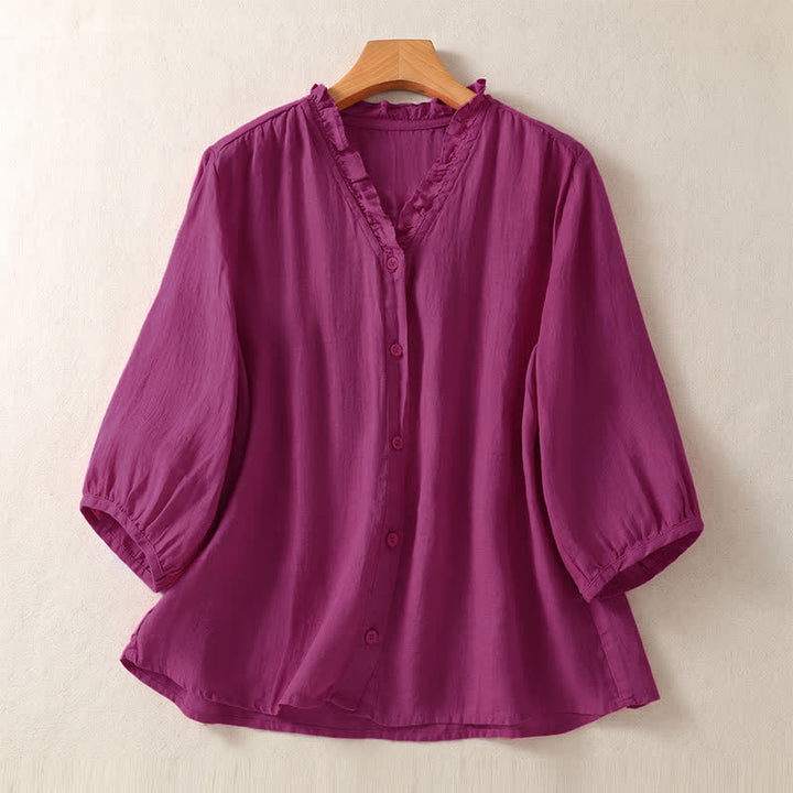 Buddha Stones Camicie da donna a maniche corte, tinta unita, casual, con bottoni, per primavera/estate. - Rosso viola medio - US8-10, UK/AU12-14, EU40-42 (2XL) - image 6