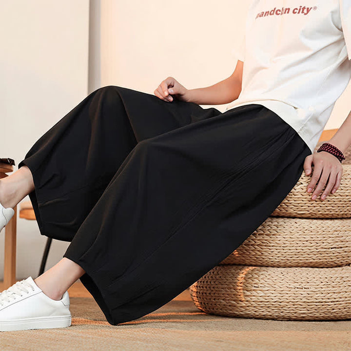Buddha Stones Pantaloni capri da uomo a tinta unita, casual, minimalisti, con coulisse, per primavera/estate, modello harem con tasca. - image 19