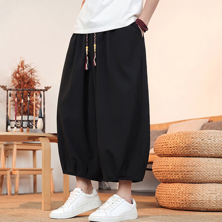 Buddha Stones Pantaloni capri da uomo a tinta unita, casual, minimalisti, con coulisse, per primavera/estate, modello harem con tasca. - image 18