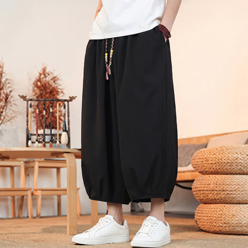 Buddha Stones Pantaloni capri da uomo a tinta unita, casual, minimalisti, con coulisse, per primavera/estate, modello harem con tasca. - image 14