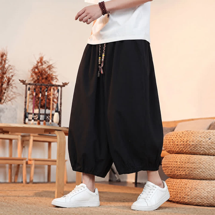 Buddha Stones Pantaloni capri da uomo a tinta unita, casual, minimalisti, con coulisse, per primavera/estate, modello harem con tasca. - image 15