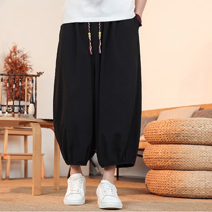 Buddha Stones Pantaloni capri da uomo a tinta unita, casual, minimalisti, con coulisse, per primavera/estate, modello harem con tasca. - Nero - US/UK/AU46, EU56 (5XL) - image 13