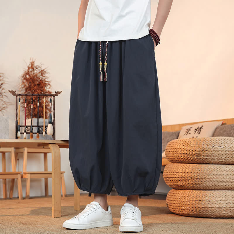 Buddha Stones Pantaloni capri da uomo a tinta unita, casual, minimalisti, con coulisse, per primavera/estate, modello harem con tasca. - image 32