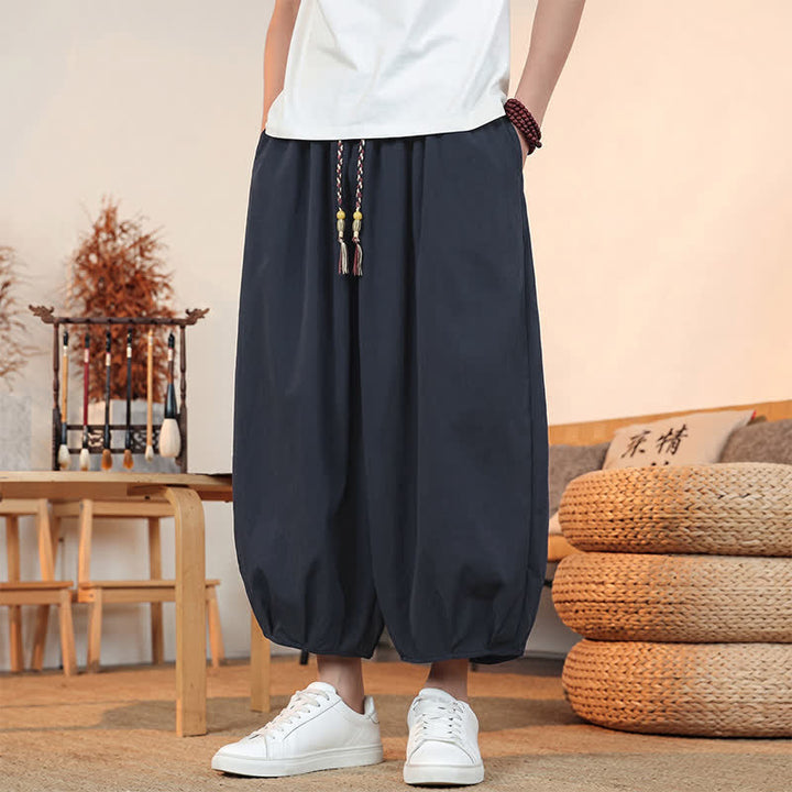 Buddha Stones Pantaloni capri da uomo a tinta unita, casual, minimalisti, con coulisse, per primavera/estate, modello harem con tasca. - image 32
