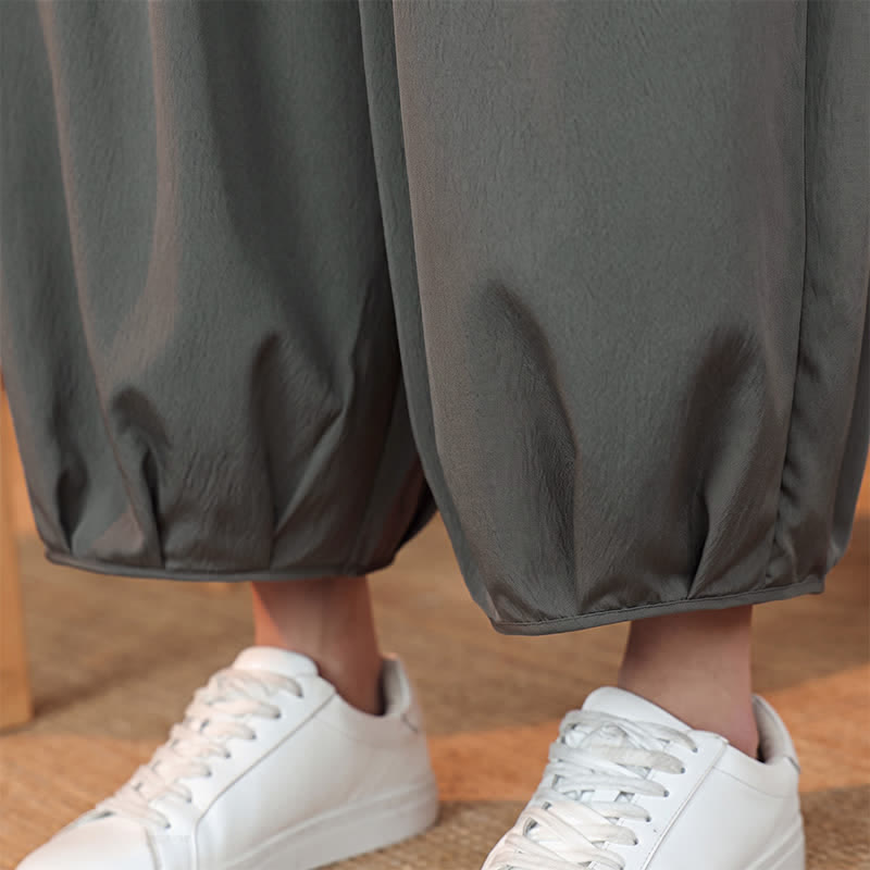 Buddha Stones Pantaloni capri da uomo a tinta unita, casual, minimalisti, con coulisse, per primavera/estate, modello harem con tasca. - image 12