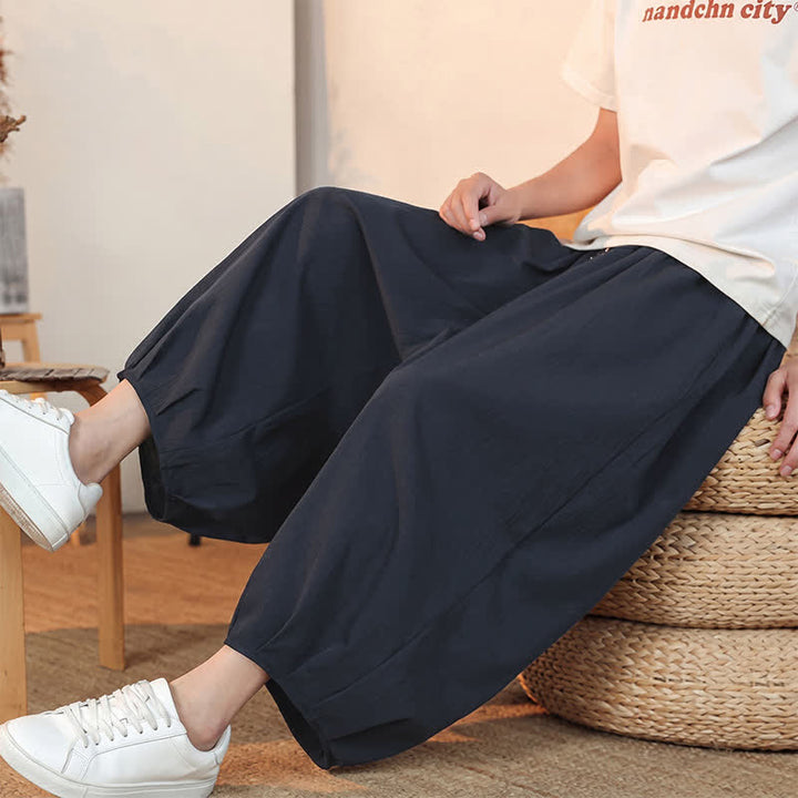 Buddha Stones Pantaloni capri da uomo a tinta unita, casual, minimalisti, con coulisse, per primavera/estate, modello harem con tasca. - image 38