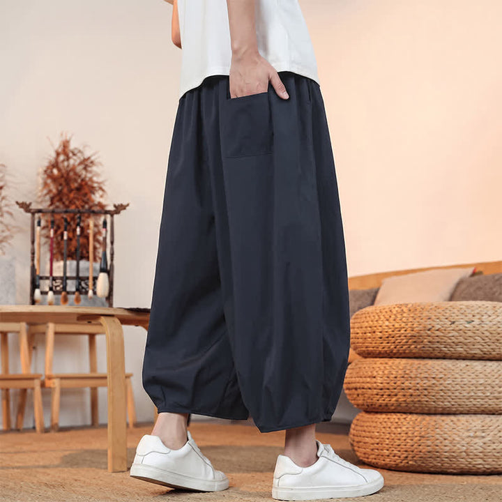 Buddha Stones Pantaloni capri da uomo a tinta unita, casual, minimalisti, con coulisse, per primavera/estate, modello harem con tasca. - image 34