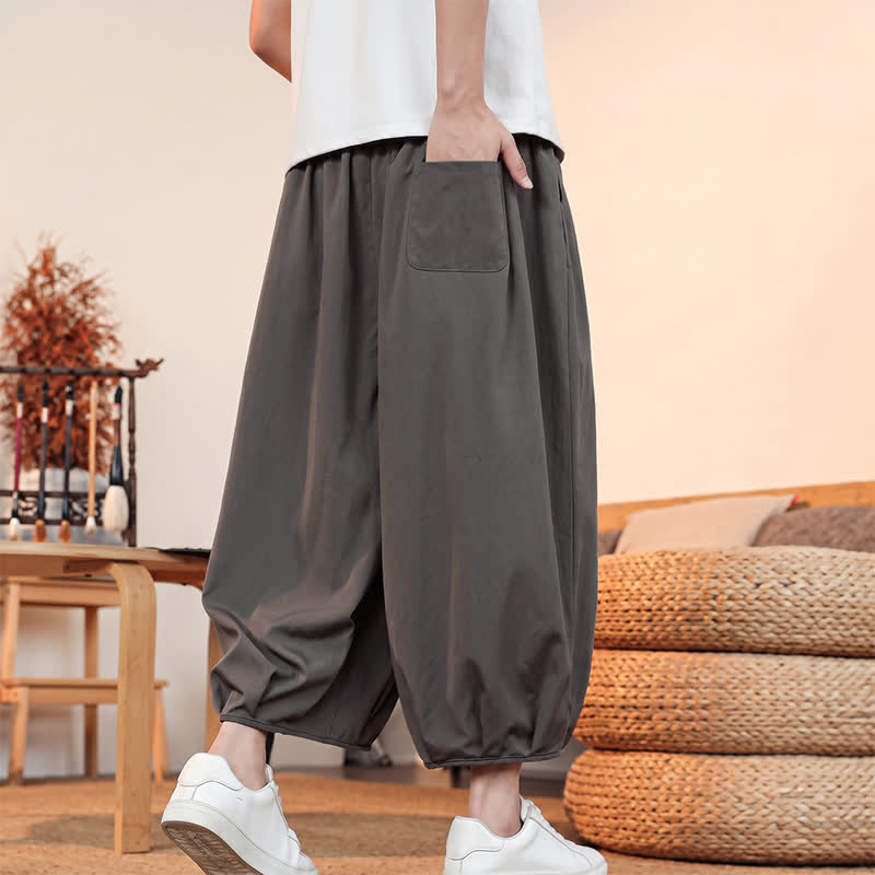 Buddha Stones Pantaloni capri da uomo a tinta unita, casual, minimalisti, con coulisse, per primavera/estate, modello harem con tasca. - image 4