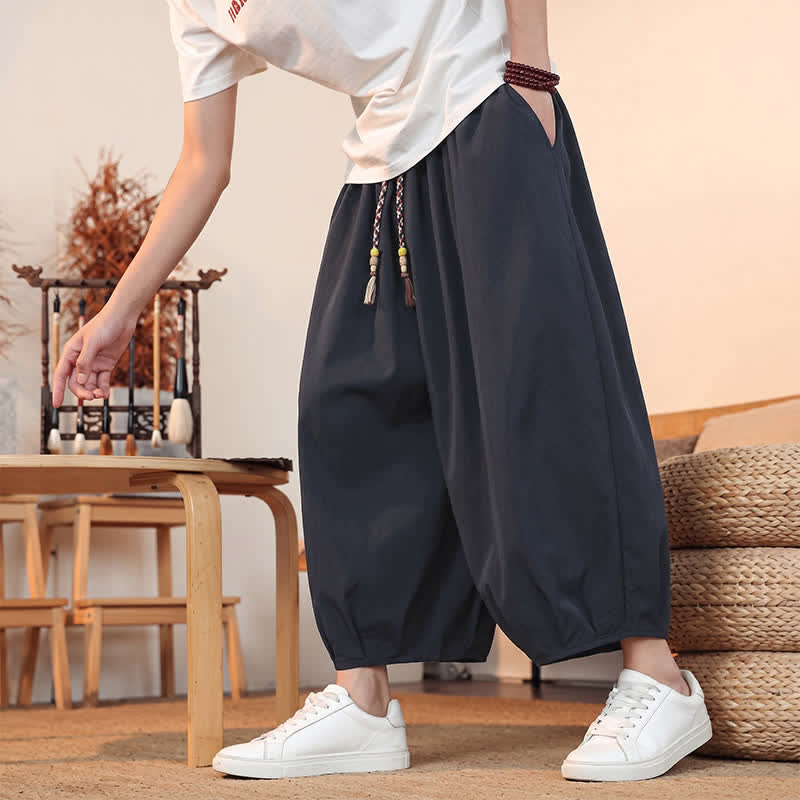 Buddha Stones Pantaloni capri da uomo a tinta unita, casual, minimalisti, con coulisse, per primavera/estate, modello harem con tasca. - image 37