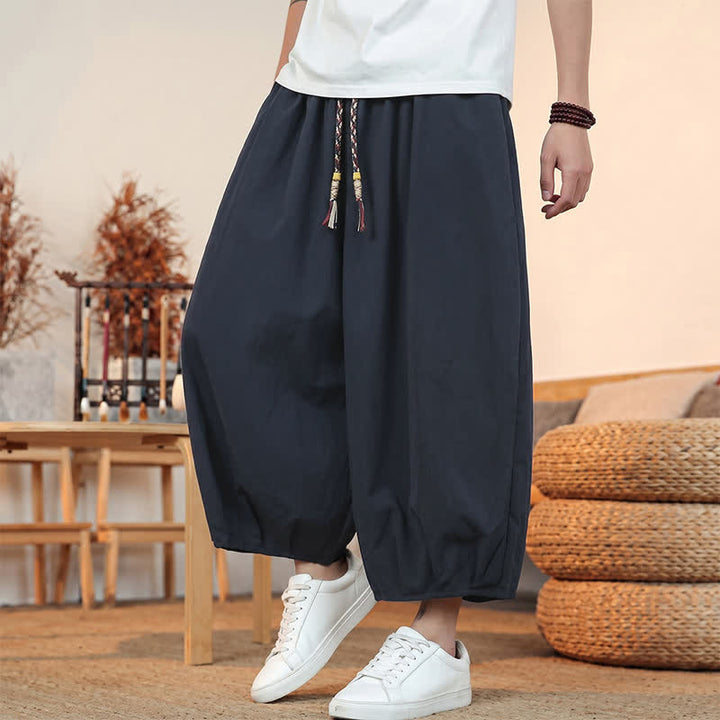 Buddha Stones Pantaloni capri da uomo a tinta unita, casual, minimalisti, con coulisse, per primavera/estate, modello harem con tasca. - image 35