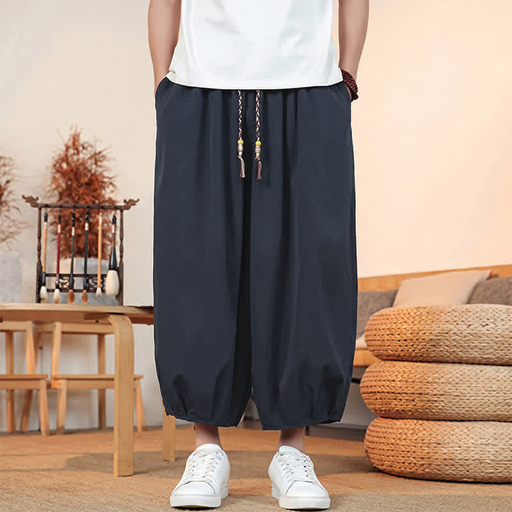 Buddha Stones Pantaloni capri da uomo a tinta unita, casual, minimalisti, con coulisse, per primavera/estate, modello harem con tasca. - Blu notte - US/UK/AU46, EU56 (5XL) - image 30