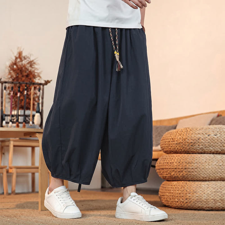Buddha Stones Pantaloni capri da uomo a tinta unita, casual, minimalisti, con coulisse, per primavera/estate, modello harem con tasca. - image 33