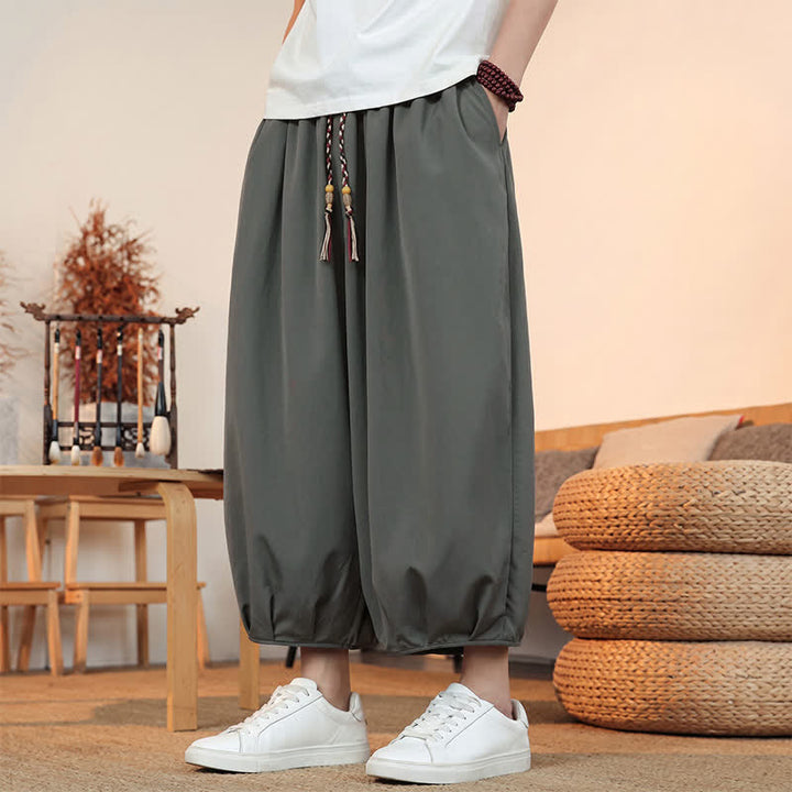 Buddha Stones Pantaloni capri da uomo a tinta unita, casual, minimalisti, con coulisse, per primavera/estate, modello harem con tasca. - image 7