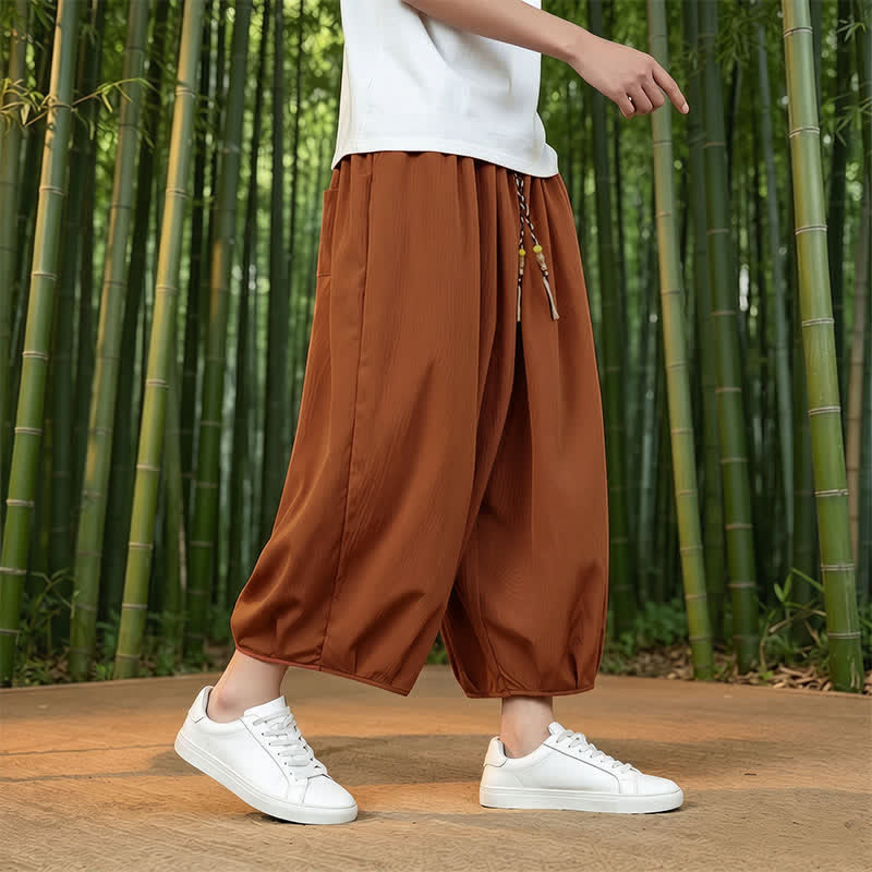 Buddha Stones Pantaloni capri da uomo a tinta unita, casual, minimalisti, con coulisse, per primavera/estate, modello harem con tasca. - image 29