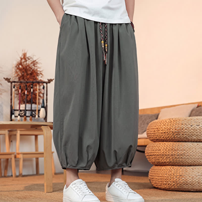 Buddha Stones Pantaloni capri da uomo a tinta unita, casual, minimalisti, con coulisse, per primavera/estate, modello harem con tasca. - image 2