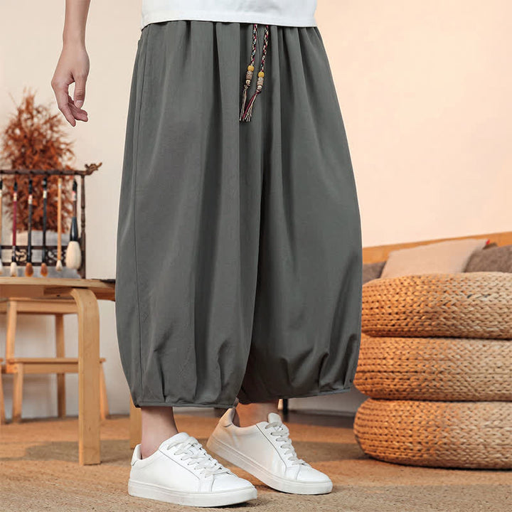 Buddha Stones Pantaloni capri da uomo a tinta unita, casual, minimalisti, con coulisse, per primavera/estate, modello harem con tasca. - image 6