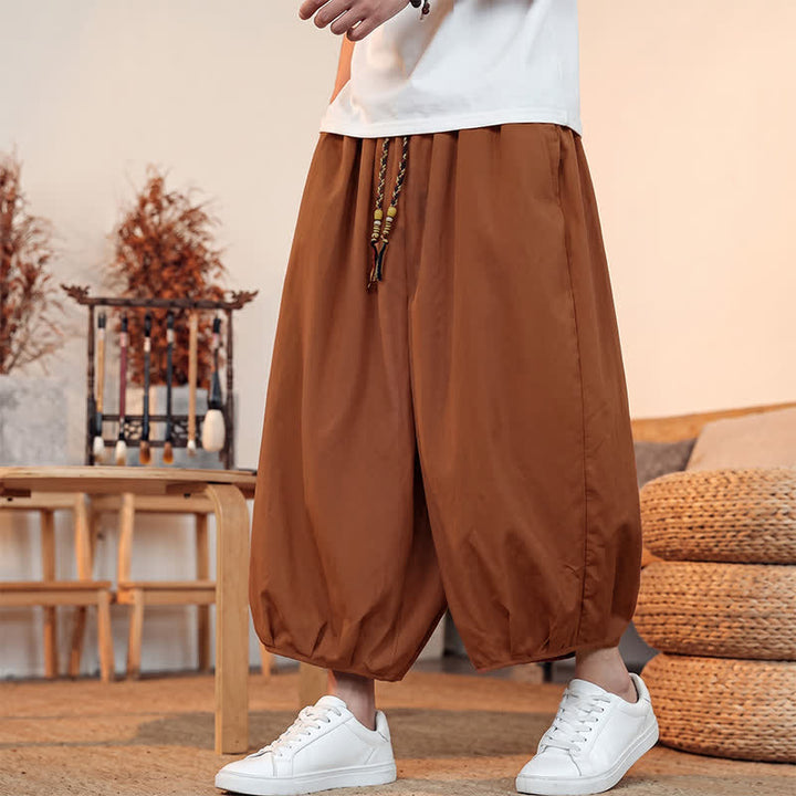 Buddha Stones Pantaloni capri da uomo a tinta unita, casual, minimalisti, con coulisse, per primavera/estate, modello harem con tasca. - image 21