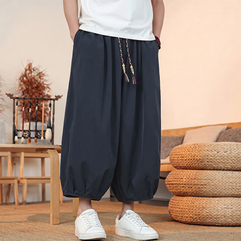 Buddha Stones Pantaloni capri da uomo a tinta unita, casual, minimalisti, con coulisse, per primavera/estate, modello harem con tasca. - image 31