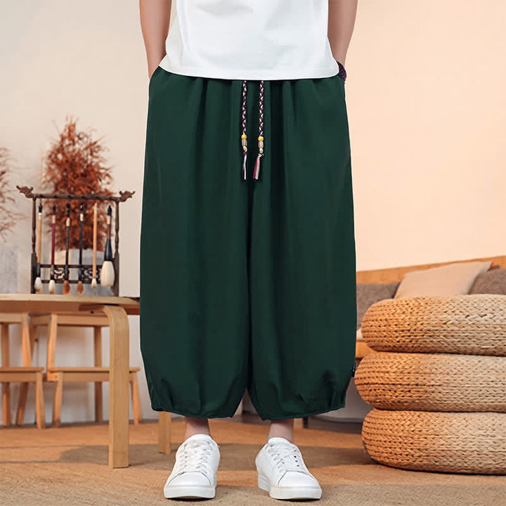 Buddha Stones Pantaloni capri da uomo a tinta unita, casual, minimalisti, con coulisse, per primavera/estate, modello harem con tasca. - Verde oliva scuro - US/UK/AU46, EU56 (5XL) - image 39