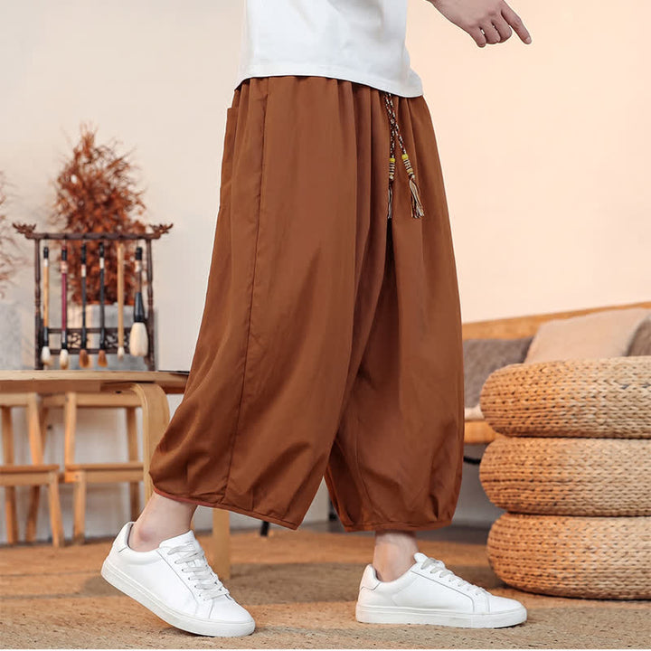 Buddha Stones Pantaloni capri da uomo a tinta unita, casual, minimalisti, con coulisse, per primavera/estate, modello harem con tasca. - image 22