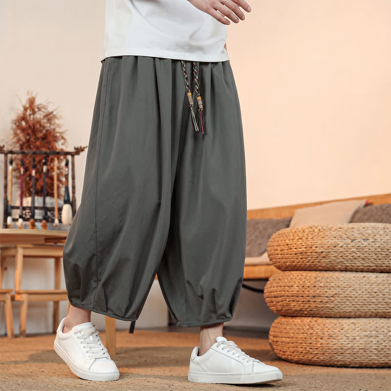 Buddha Stones Pantaloni capri da uomo a tinta unita, casual, minimalisti, con coulisse, per primavera/estate, modello harem con tasca. - Grigio - US/UK/AU46, EU56 (5XL) - image 0