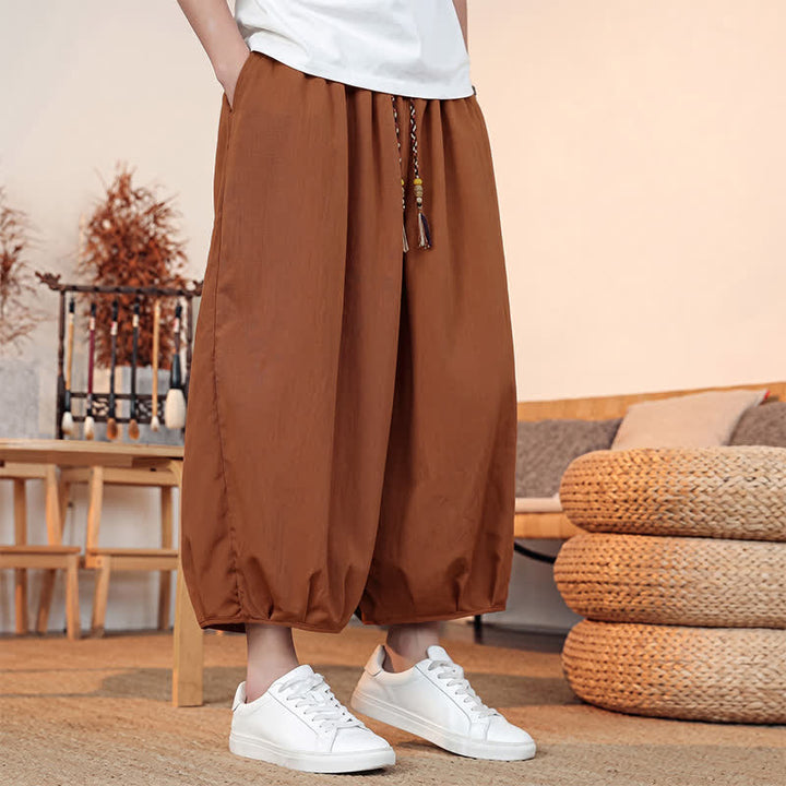Buddha Stones Pantaloni capri da uomo a tinta unita, casual, minimalisti, con coulisse, per primavera/estate, modello harem con tasca. - image 25