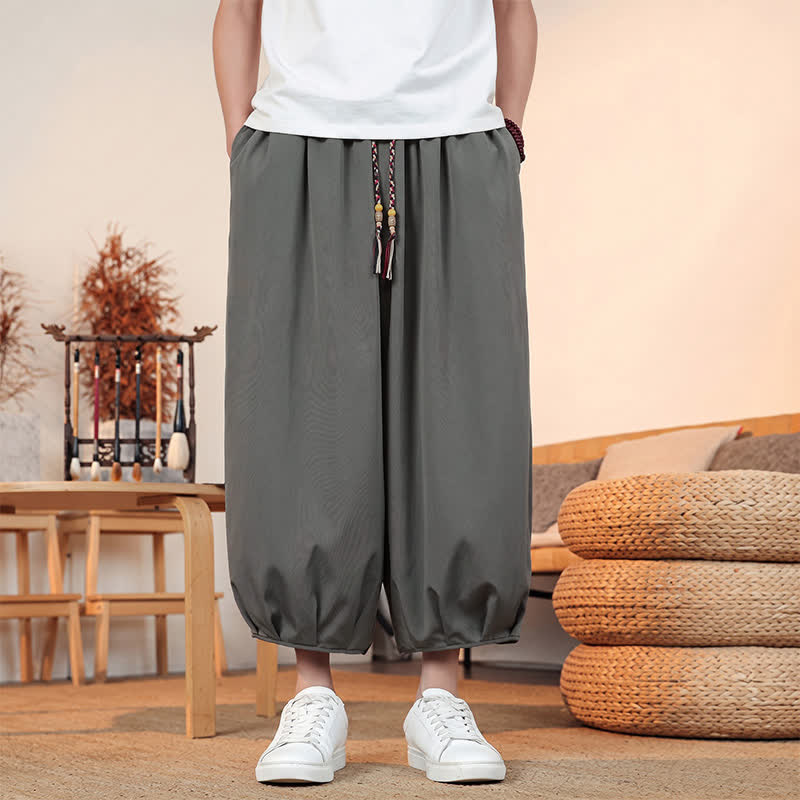 Buddha Stones Pantaloni capri da uomo a tinta unita, casual, minimalisti, con coulisse, per primavera/estate, modello harem con tasca. - image 1